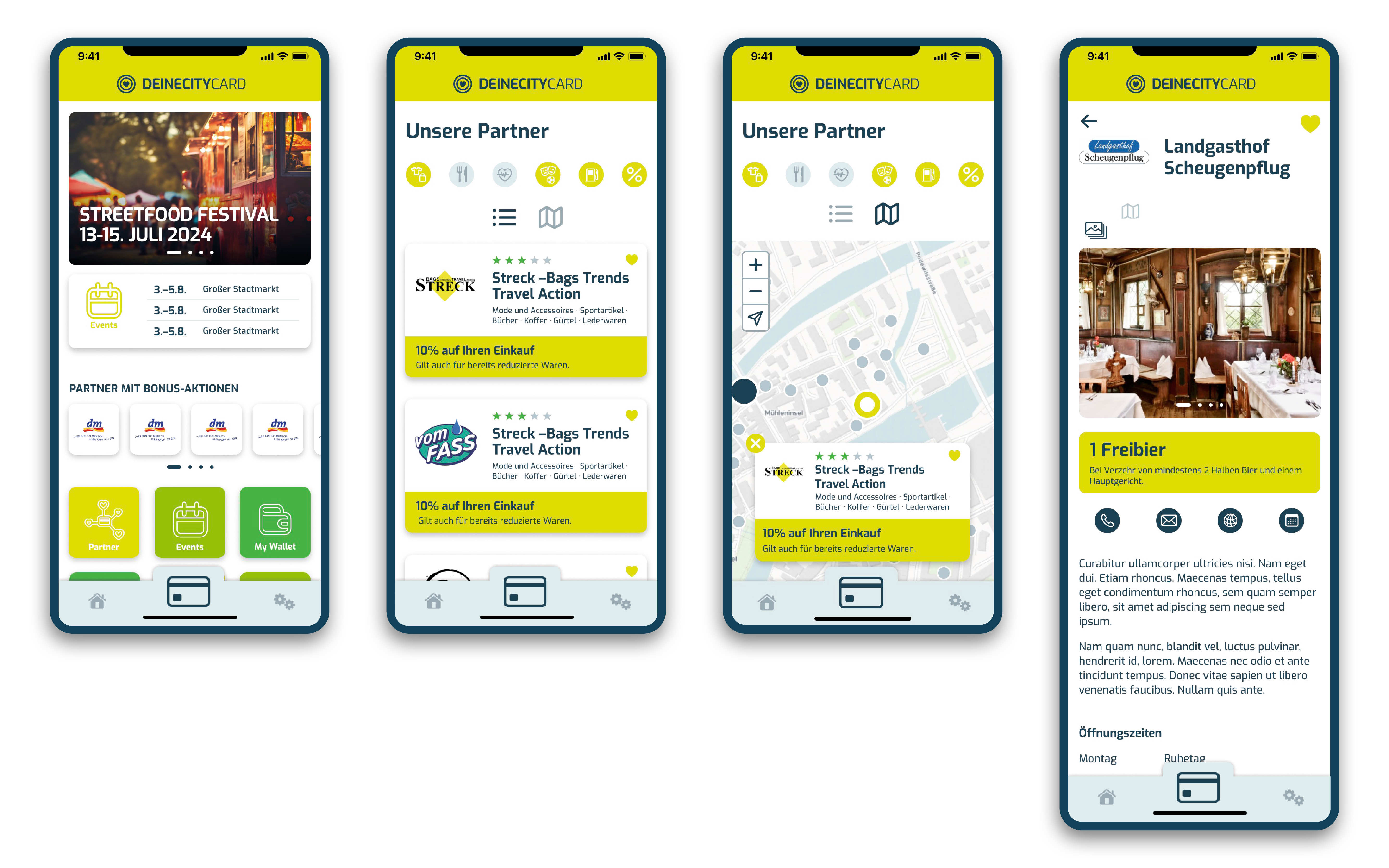 Bild mit Smartphone-Ansichten der Simpli-Citycard App